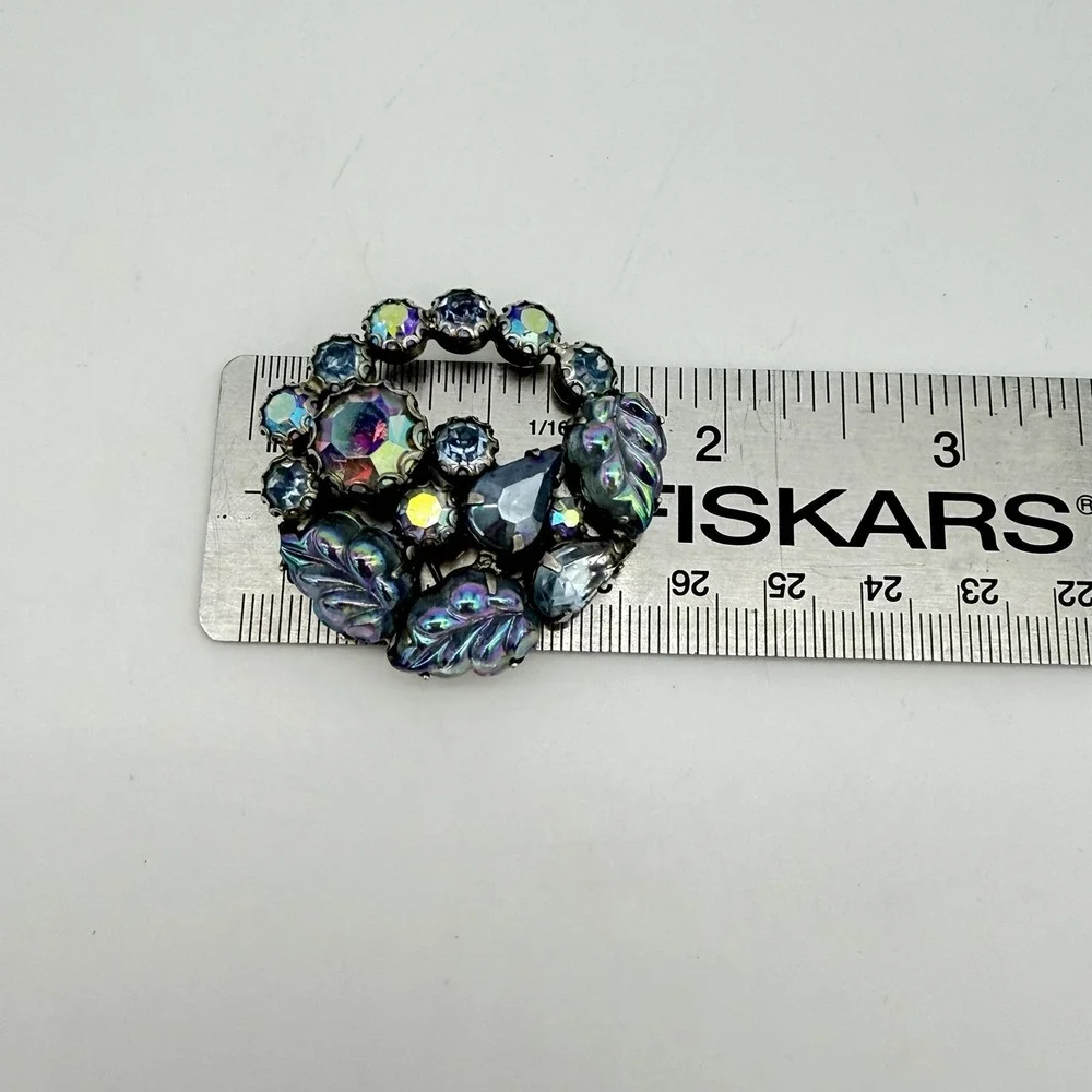Vtg Weiss Molded Glass Cabochon Brooch Blue AB Rhinestones Leaf